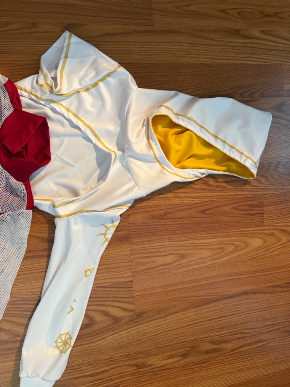 White and Gold Hooded Cosplay Top with Red Accent